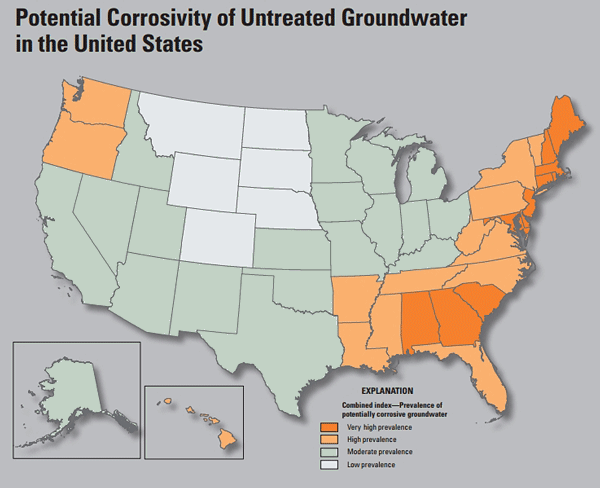 This map provided by the U.S. Geological Survey shows the prevalence of corrosive groundwater nationally. Most of New England has a very high prevalence.