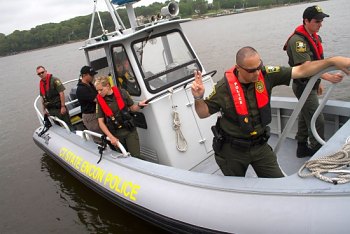 EnCon Police dock boat during a training exercise on the Connecticut River.