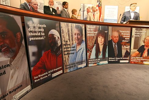 Posters by Compassion & Choices displayed in the Legislative Office Building.
