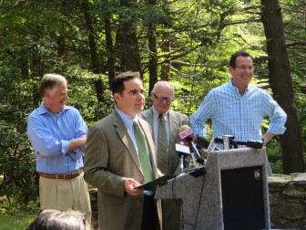 Gov. Malloy (far right) with state officials at Sleeping Giant State Park, Hamden. 
