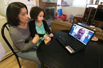 Sharon and Blair listen to Arnold listen to Arnold during a Skype conversation at their home in Niantic. 