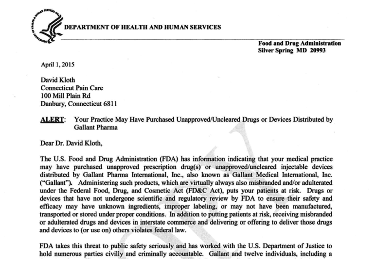 FDA letter sent to doctors. 